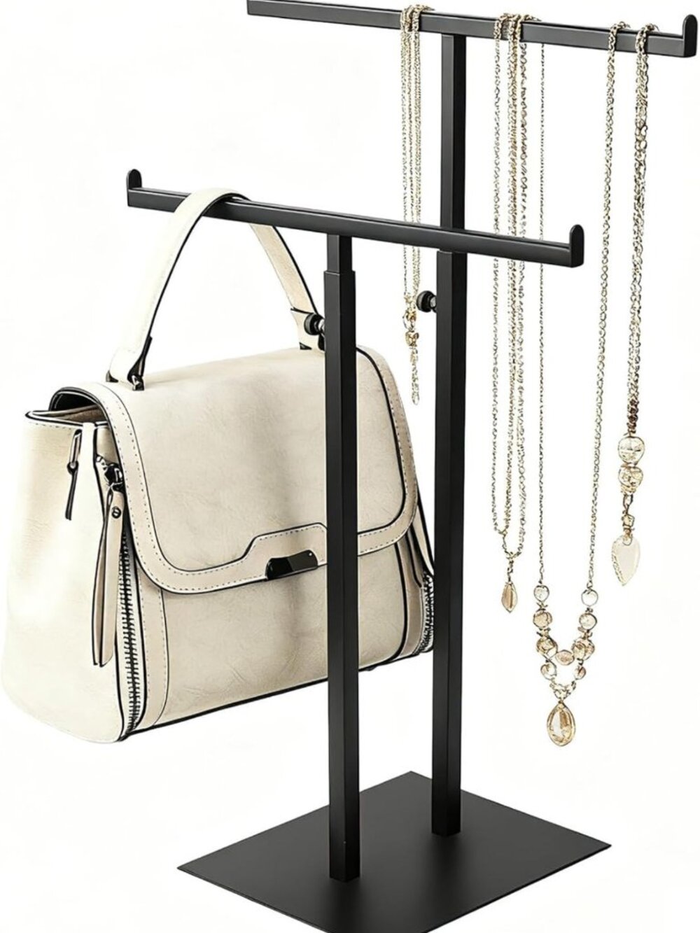 Adjustable Black Double T-Shaped Purse Display Stand & Jewelry Organizer for